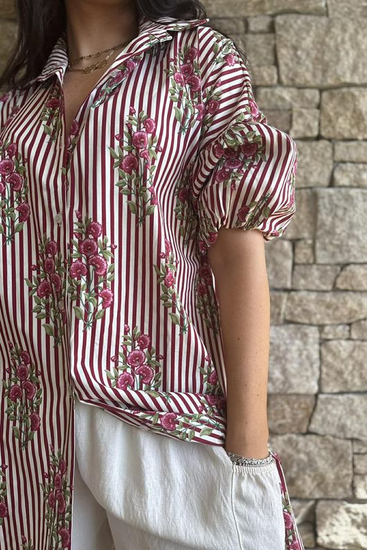Mika Flower & Stripe Duster Shirt Merlot