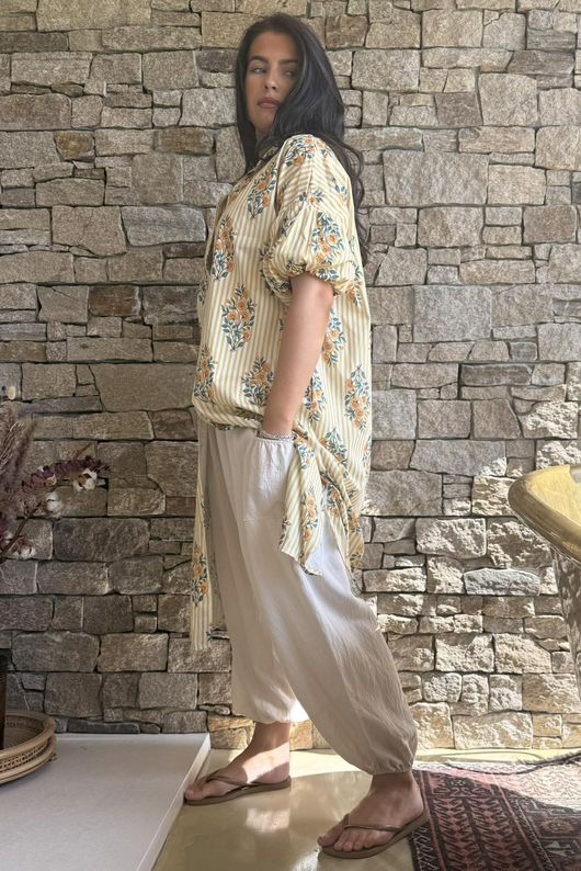 Mika Flower & Stripe Duster Shirt Ochre