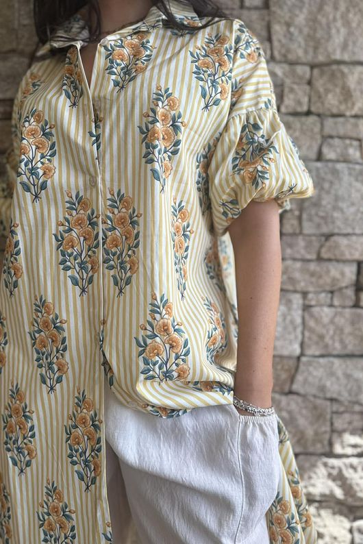 Mika Flower & Stripe Duster Shirt Ochre