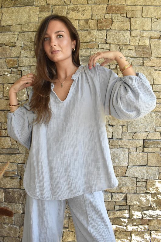 Mimi Pillow Cotton Sonnet Blouse Cloud Grey