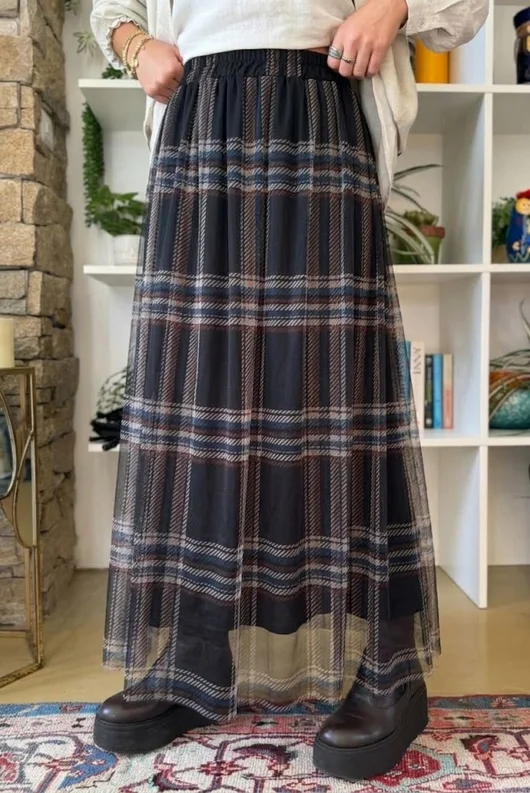 Myrtle Plaid Tulle Midi Skirt Black