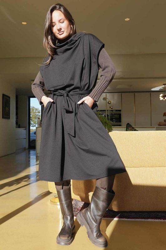 New Romantic Belted Scuba Dress Black