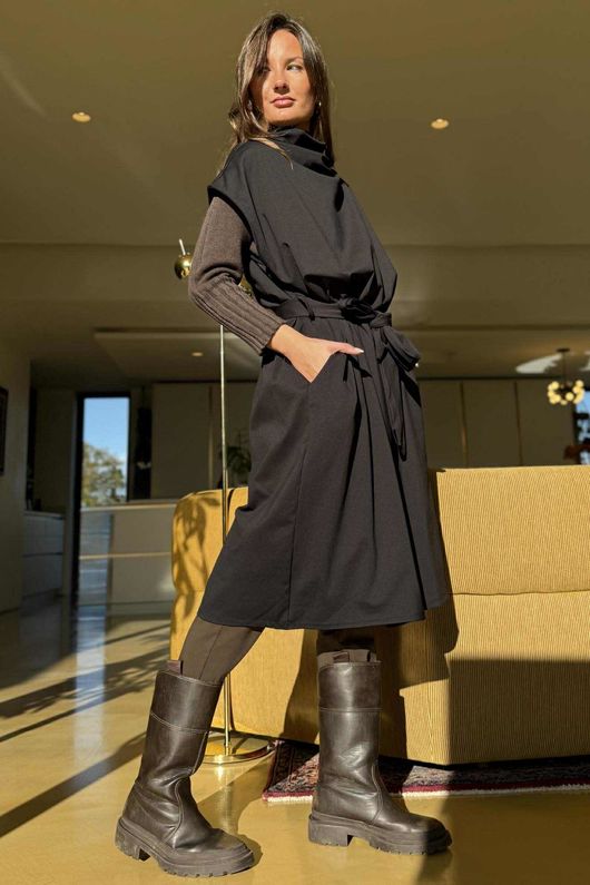 New Romantic Belted Scuba Dress Black