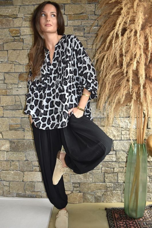Nia Smock Blouse Leopard Black /15=