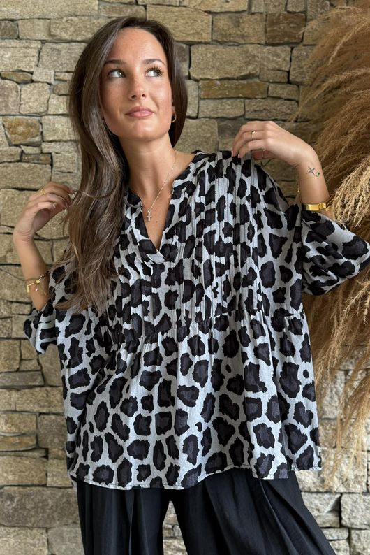 Nia Smock Blouse Leopard Black