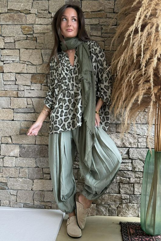 Nia Smock Blouse Leopard Khaki