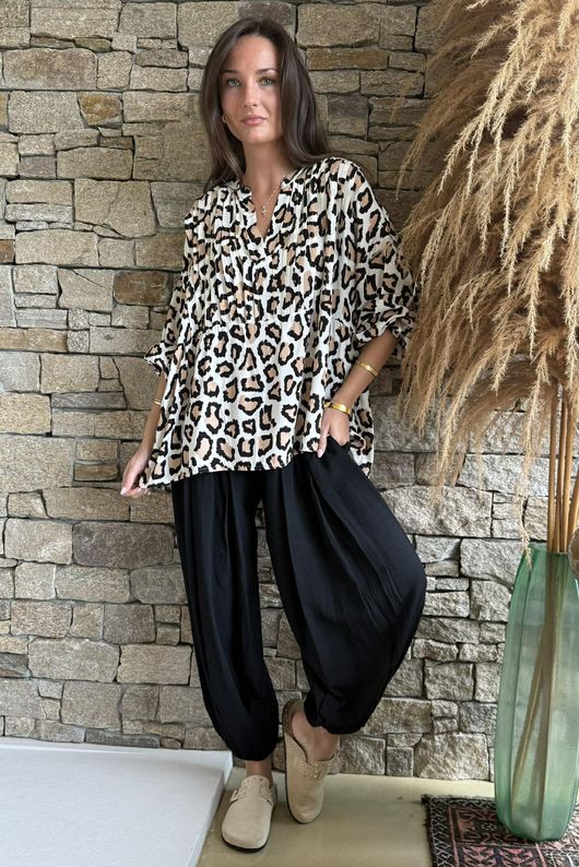 Nia Smock Blouse Leopard Natural & Black