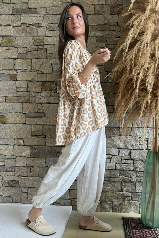 Nia Smock Blouse Leopard Stone /16=