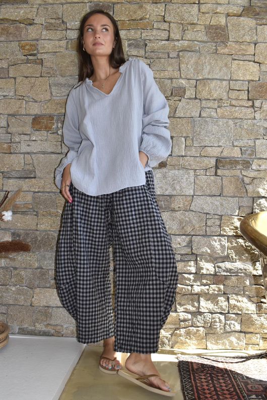 Nonni Gingham 7/8 Barrel Pant Black Grey