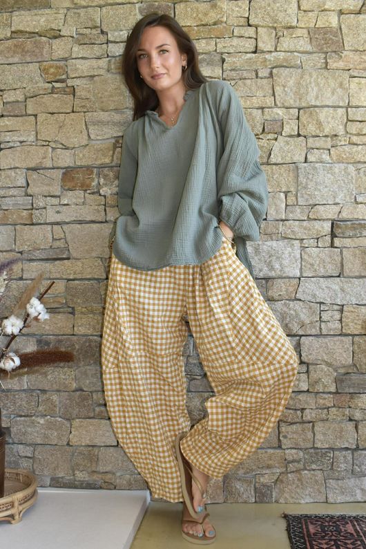 Nonni Gingham 7/8 Barrel Pant Mustard