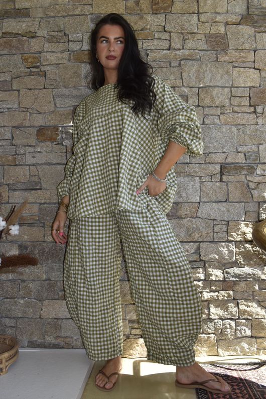 Nonni Gingham 7/8 Barrel Pant Olive