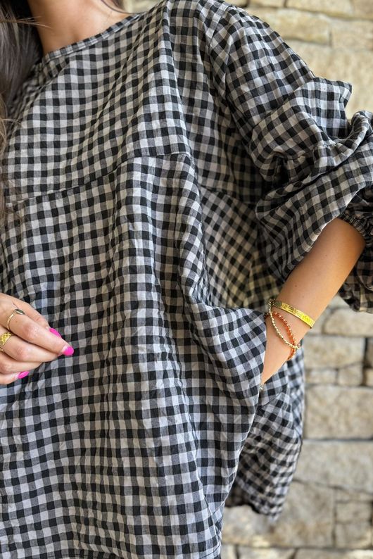 Nonni Gingham Bell Sleeve Peasant Blouse Black Grey