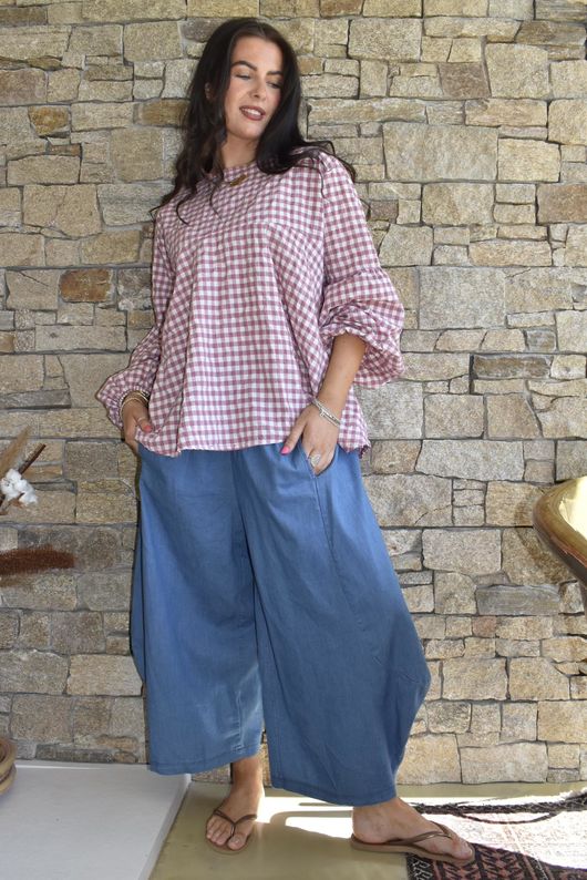 Nonni Gingham Bell Sleeve Peasant Blouse Indian Pink