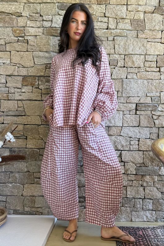 Nonni Gingham Bell Sleeve Peasant Blouse Indian Pink
