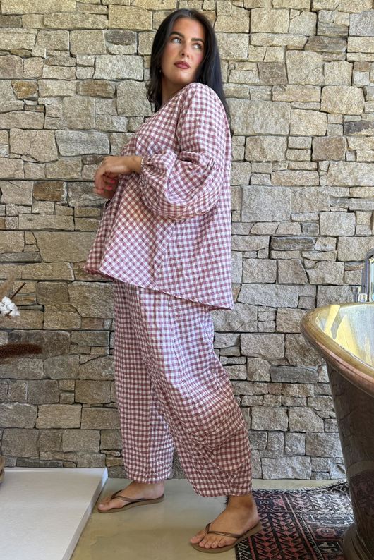 Nonni Gingham Bell Sleeve Peasant Blouse Indian Pink