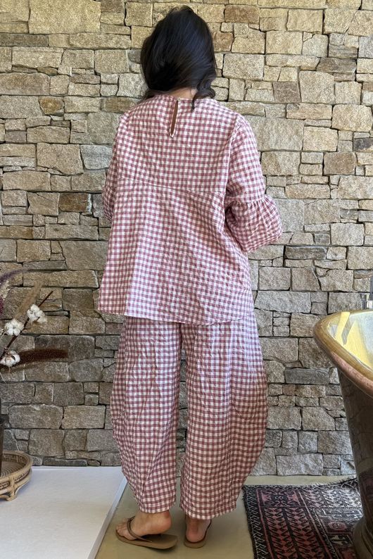 Nonni Gingham Bell Sleeve Peasant Blouse Indian Pink