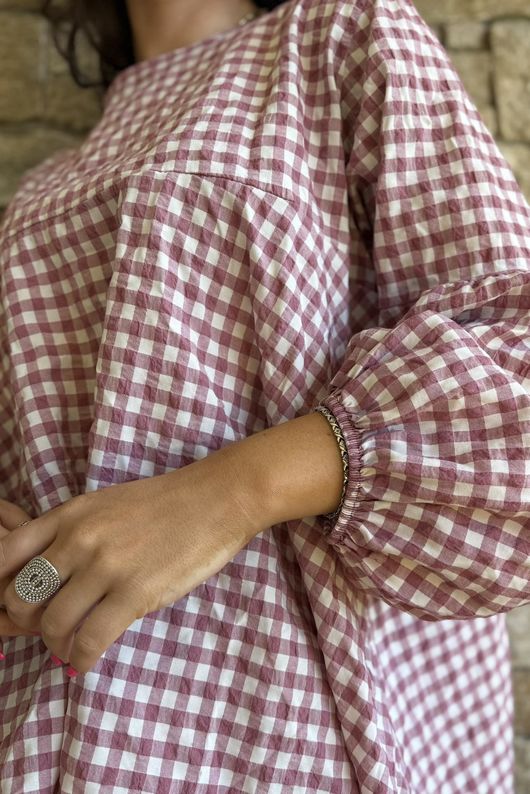 Nonni Gingham Bell Sleeve Peasant Blouse Indian Pink