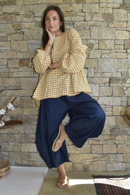Nonni Gingham Bell Sleeve Peasant Blouse Mustard