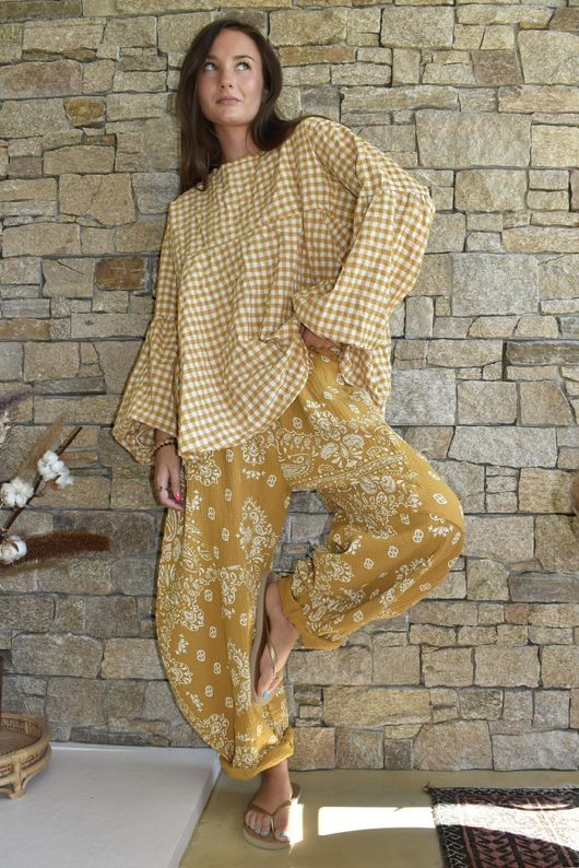 Nonni Gingham Bell Sleeve Peasant Blouse Mustard
