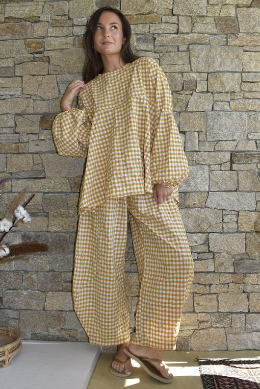Nonni Gingham Bell Sleeve Peasant Blouse Mustard