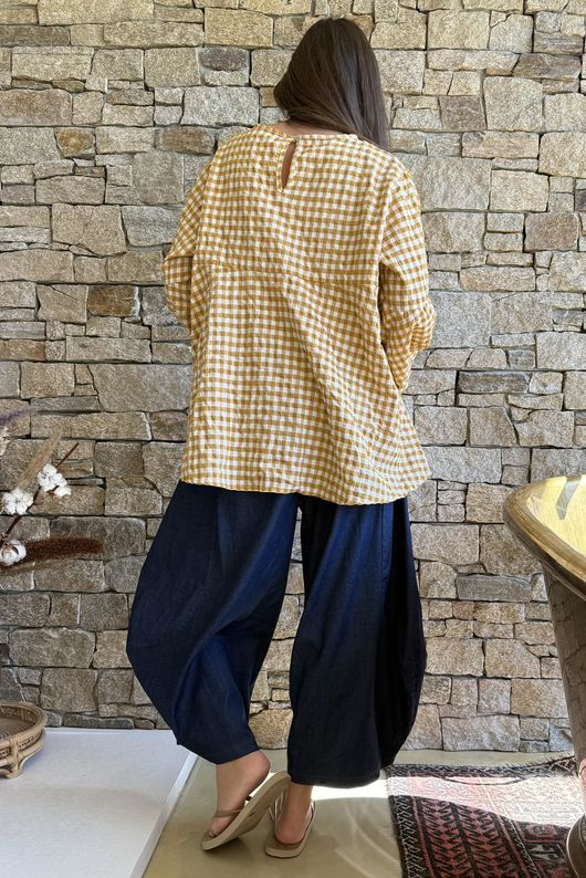 Nonni Gingham Bell Sleeve Peasant Blouse Mustard