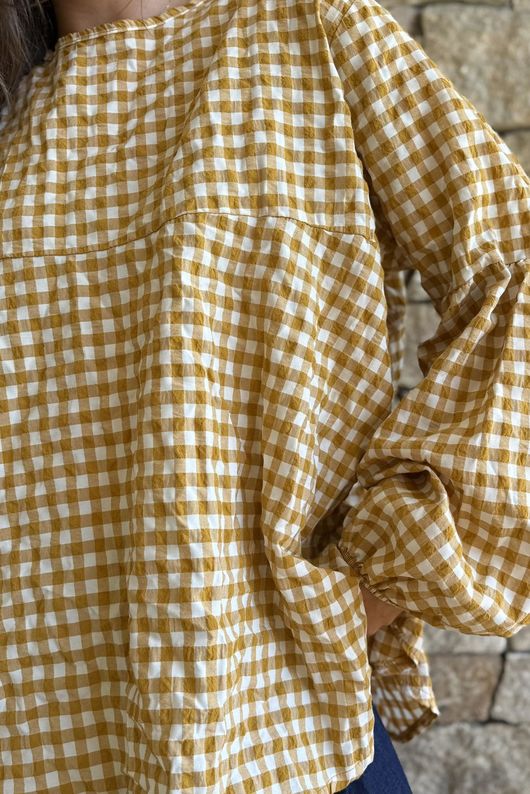 Nonni Gingham Bell Sleeve Peasant Blouse Mustard