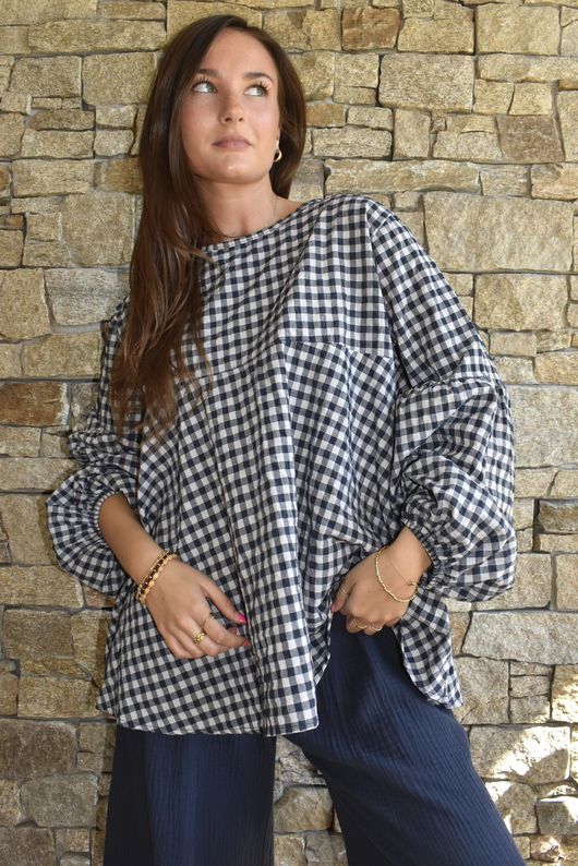 Nonni Gingham Bell Sleeve Peasant Blouse Navy