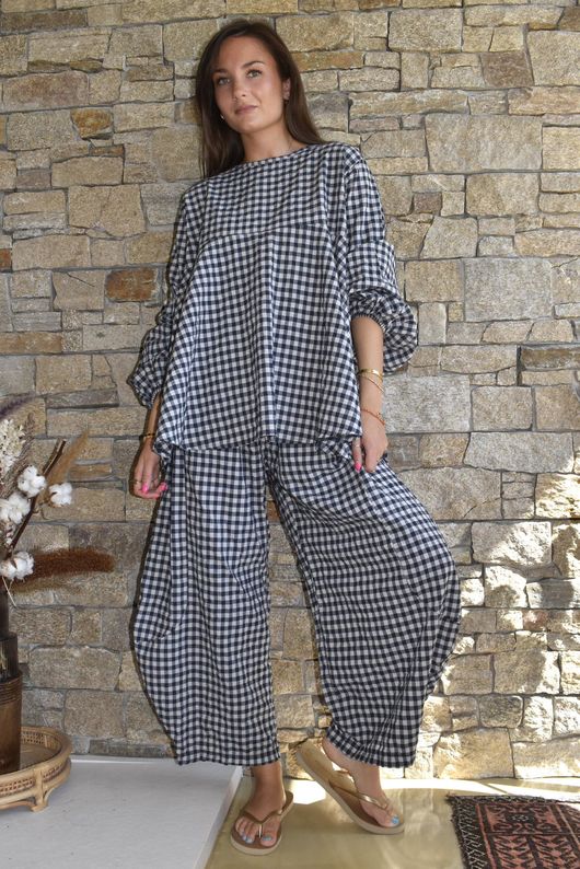 Nonni Gingham Bell Sleeve Peasant Blouse Navy