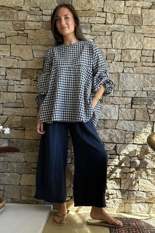 Nonni Gingham Bell Sleeve Peasant Blouse Navy