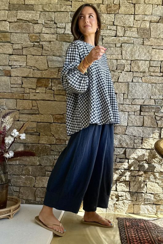 Nonni Gingham Bell Sleeve Peasant Blouse Navy