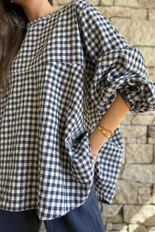 Nonni Gingham Bell Sleeve Peasant Blouse Navy