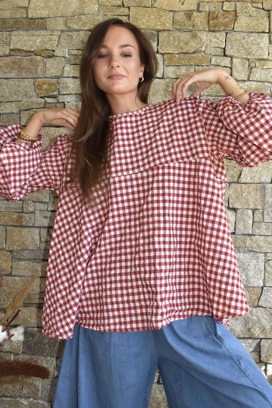 Nonni Gingham Bell Sleeve Peasant Blouse Sangria