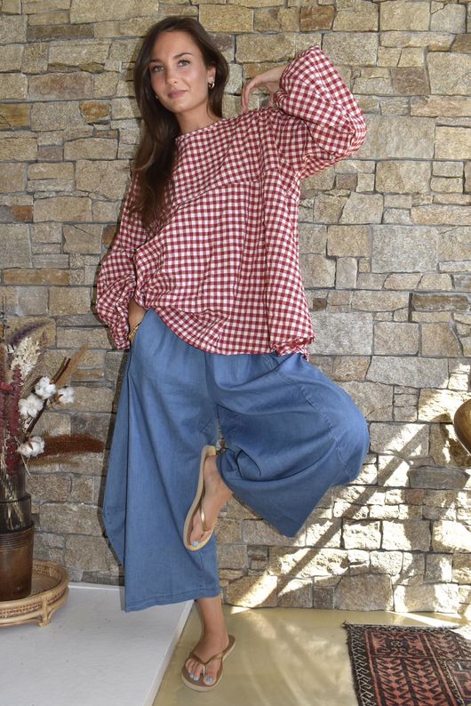 Nonni Gingham Bell Sleeve Peasant Blouse Sangria