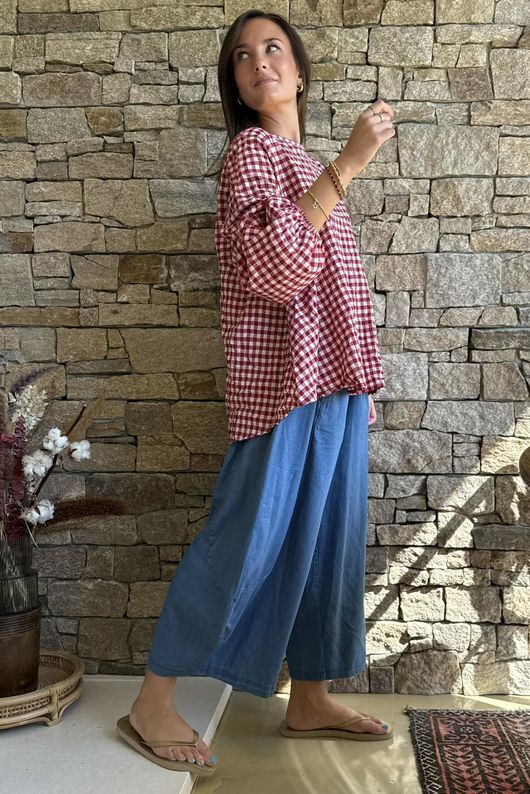 Nonni Gingham Bell Sleeve Peasant Blouse Sangria