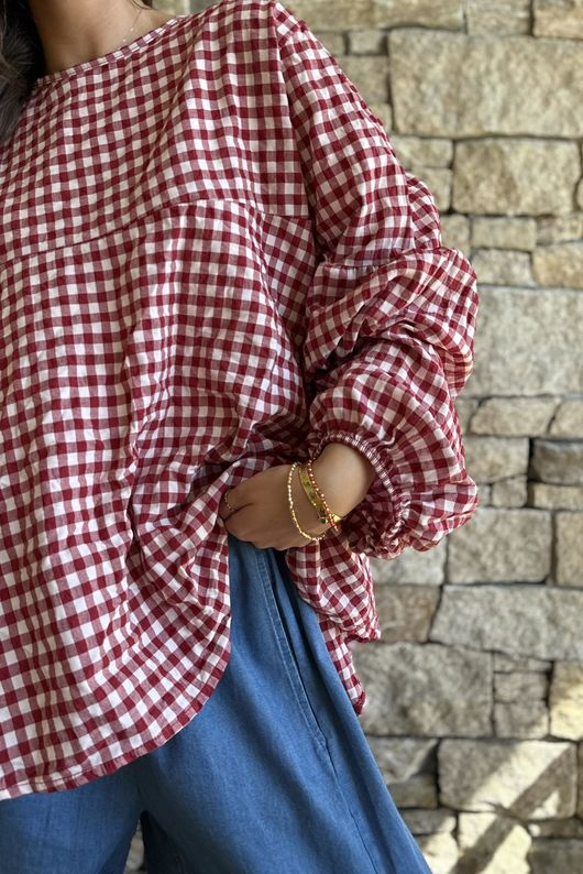 Nonni Gingham Bell Sleeve Peasant Blouse Sangria