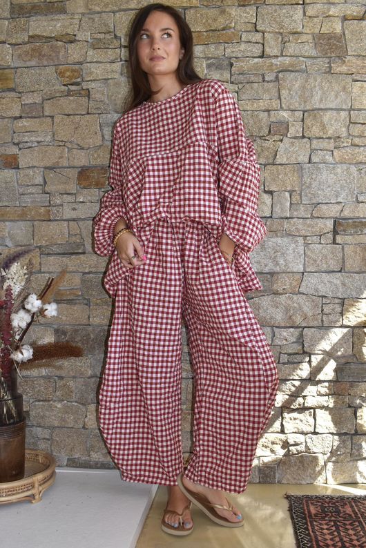 Nonni Gingham Bell Sleeve Peasant Blouse Sangria