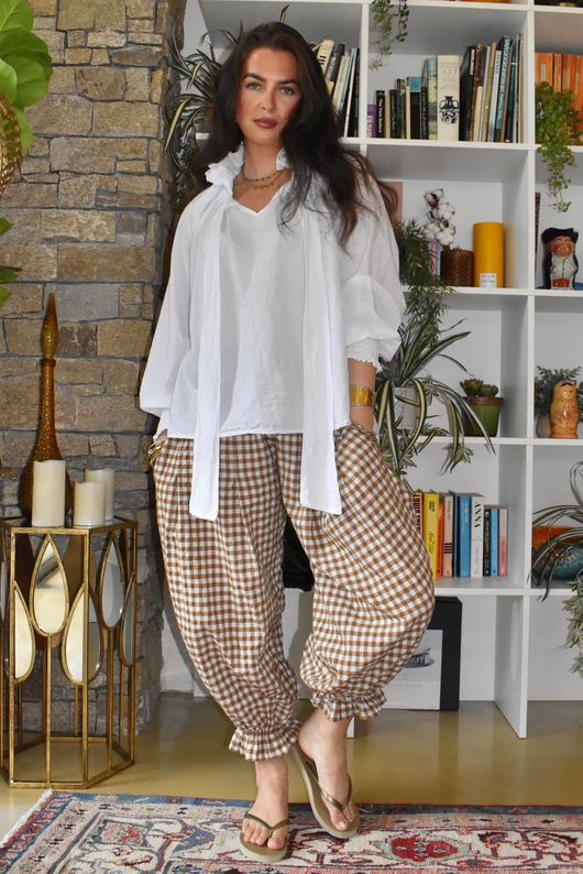 Nonni Gingham Bloomer Pant Hazelnut Pre order 12 days 