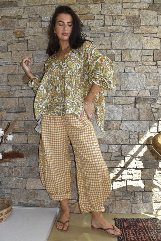 Nonni Gingham Classic Barrel Pant Mustard Pre order 9 days