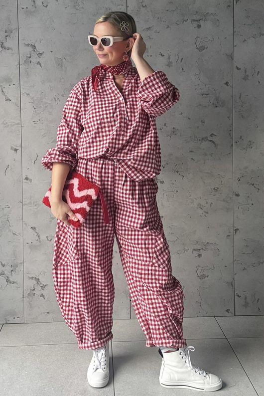 Nonni Gingham Classic Barrel Pant Sangria Pre order 9 days 