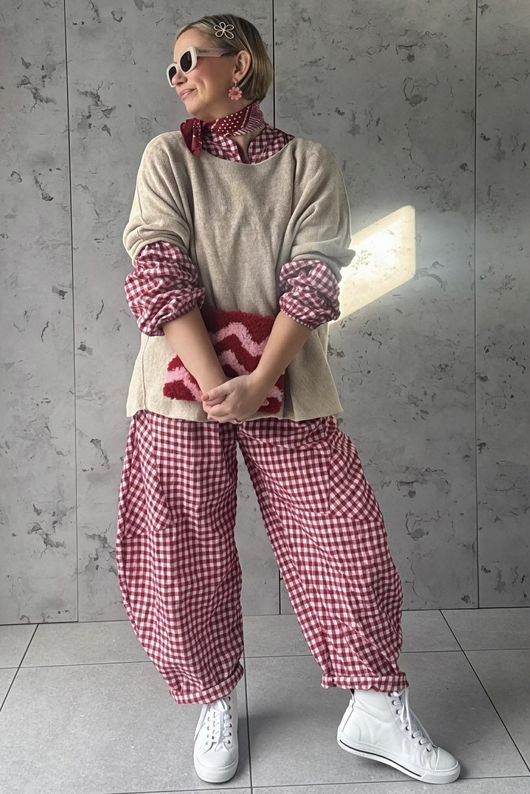 Nonni Gingham Classic Barrel Pant Sangria /30 Pre order 1 week