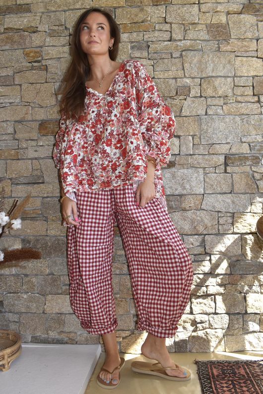 Nonni Gingham Classic Barrel Pant Sangria Pre order 9 days 