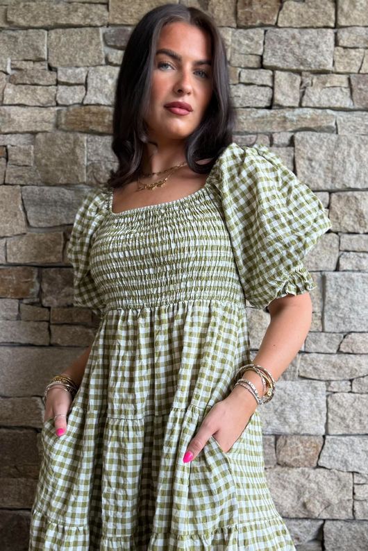 olive green gingham dress Franca Cotton Gingham Dress, Olive Green