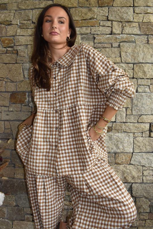 Nonni Gingham Peter Pan Smock Blouse Hazelnut