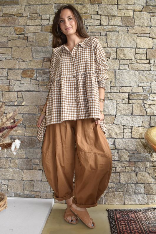 Nonni Gingham Peter Pan Smock Blouse Hazelnut