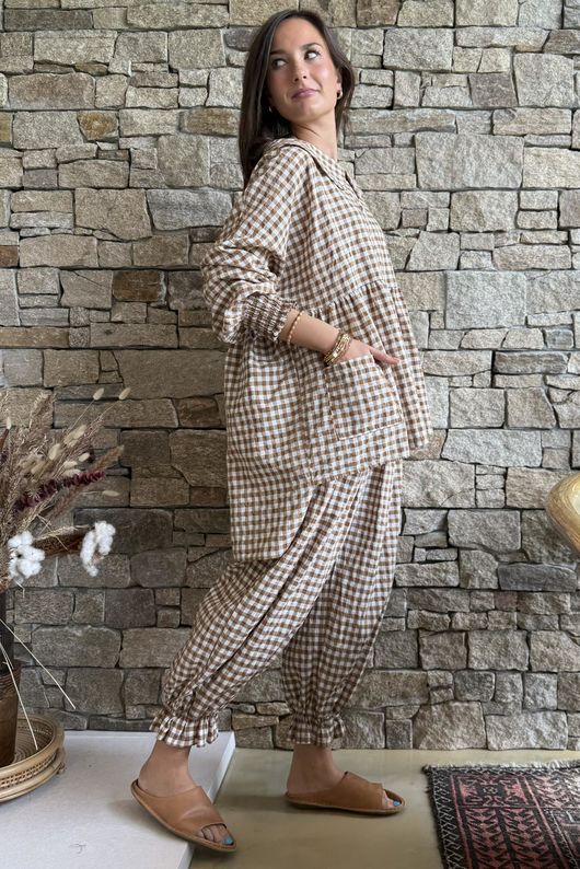Nonni Gingham Peter Pan Smock Blouse Hazelnut