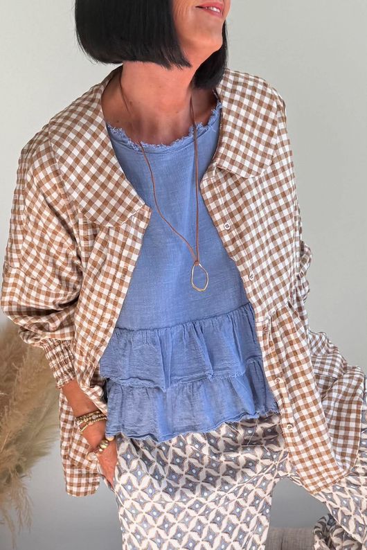 Nonni Gingham Peter Pan Smock Blouse Hazelnut