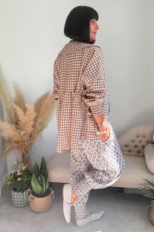 Nonni Gingham Peter Pan Smock Blouse Hazelnut
