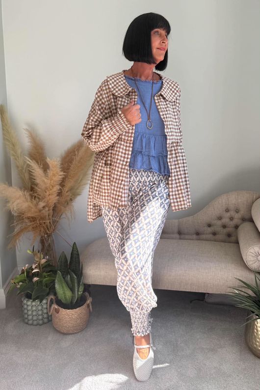 Nonni Gingham Peter Pan Smock Blouse Hazelnut