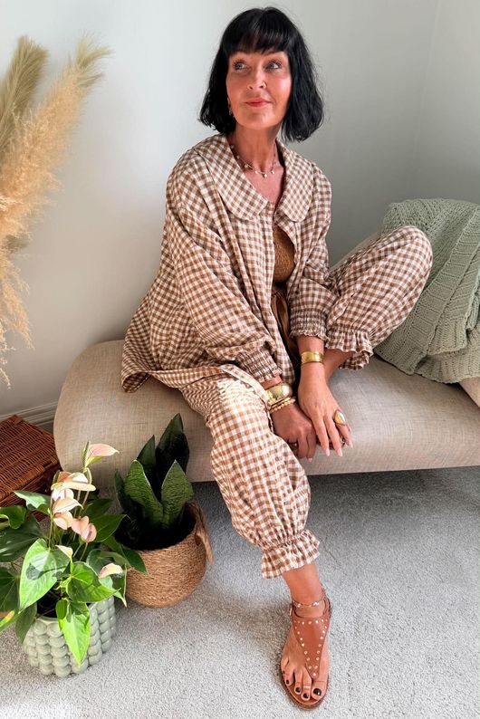 Nonni Gingham Peter Pan Smock Blouse Hazelnut