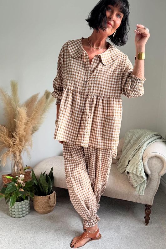 Nonni Gingham Peter Pan Smock Blouse Hazelnut